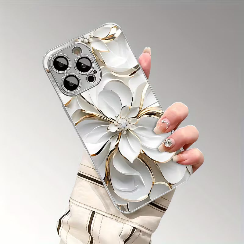 Ceramic Texture Golden Line White Flower Pattern Case