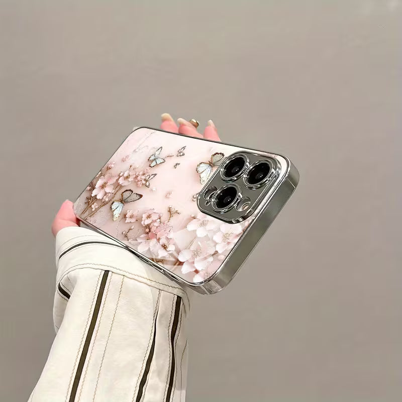 Premium Butterfly Floral Pattern Glass Case
